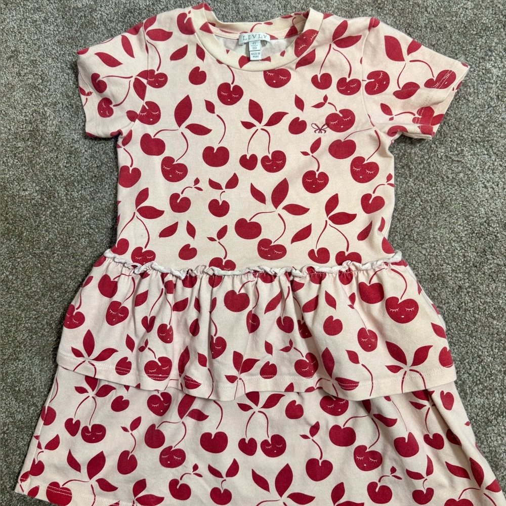 LIVLY Girls Pink & Red Ruffle Cherry Dress Size 4 yrs old Short Sleeve